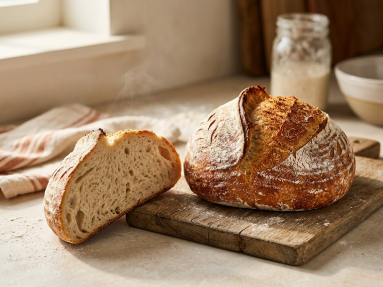 A crusty round sourdough loaf with one half sliced open, showing a steaming, open crumb, on a wooden board