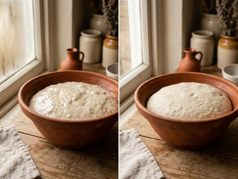 Split image comparing sourdough dough in a bowl by a foggy, humid window versus firmer dough by a clear window