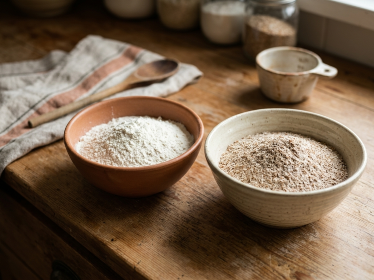 Two bowls of flour, white and whole wheat, side by side on a rustic wooden counter with a striped towel and wooden spoon
