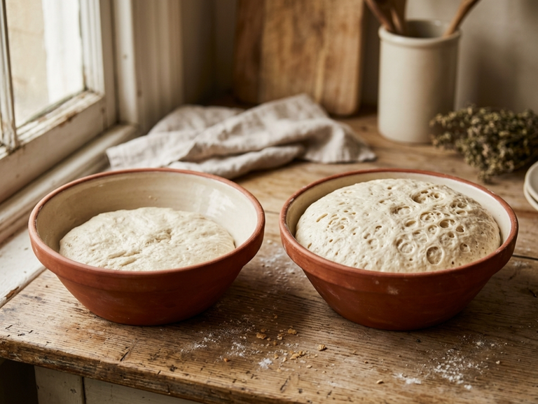 Two bowls of sourdough dough side by side, one barely risen and flat, the other domed and full of bubbles