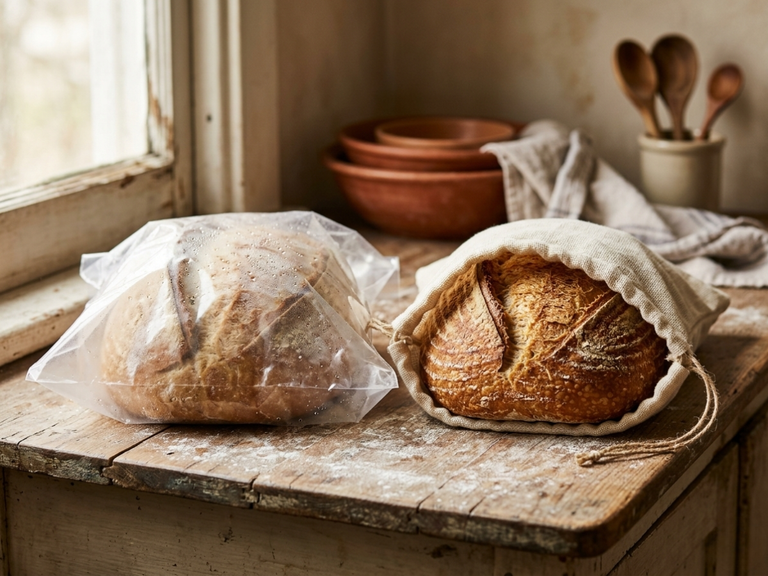 Two sourdough loaves on a counter, one wrapped in a plastic bag beaded with condensation and one in a linen bag