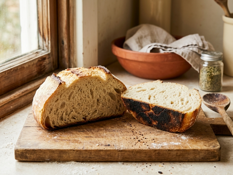 A sliced sourdough loaf with normal golden crumb on one half and a badly scorched, blackened bottom crust on the other