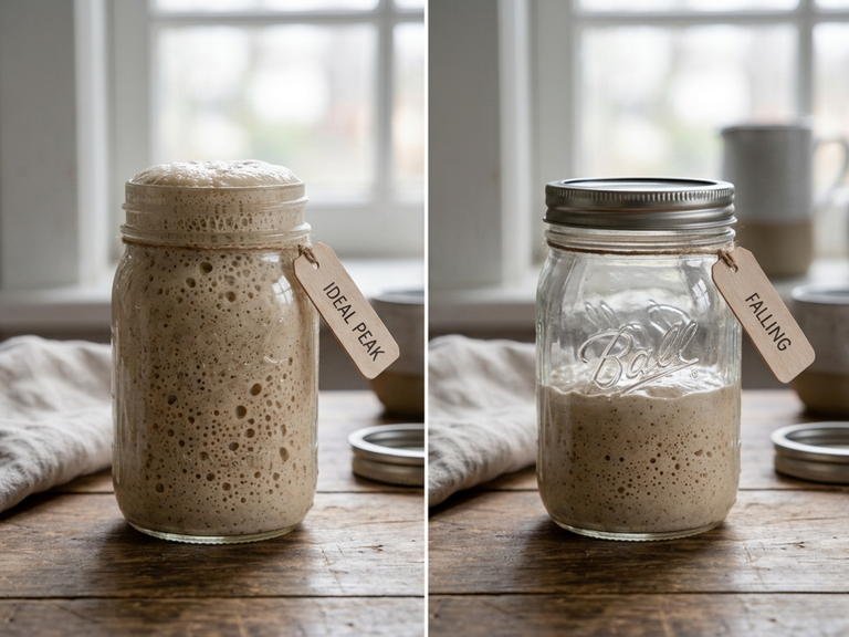 Split image of starter jars tagged 'Ideal Peak' (risen and bubbly) and 'Falling' (collapsed)