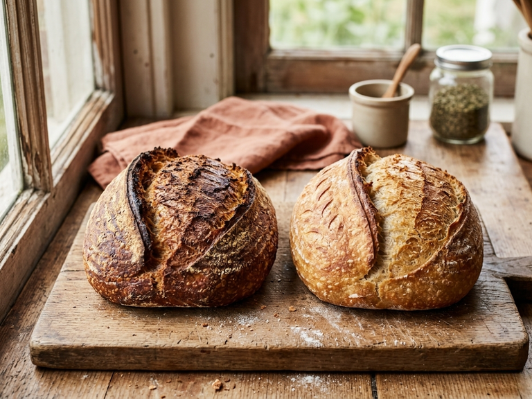 Two round sourdough loaves side by side, one with a very dark thick crust and one with a lighter crust