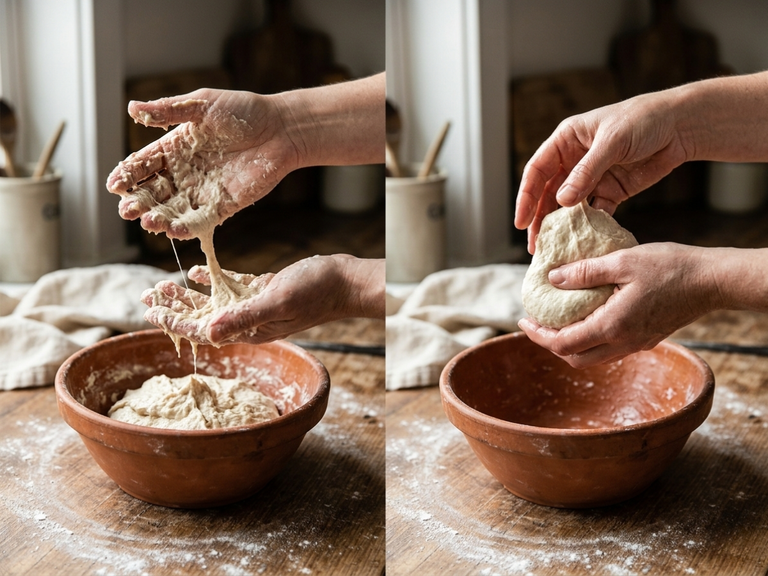Split image of wet, sticky dough dripping from a hand over a bowl next to the same dough shaped into a smooth ball
