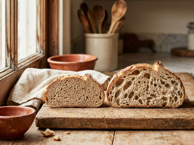 Two sliced sourdough loaf halves side by side, one with a dense tight crumb and one with an open airy crumb