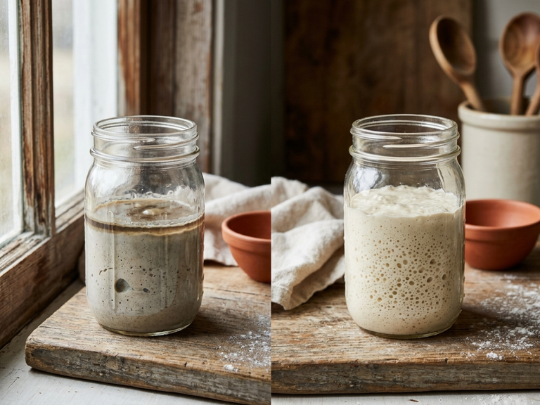Split image of a sourdough starter jar with separated liquid hooch next to a jar of bubbly, active starter