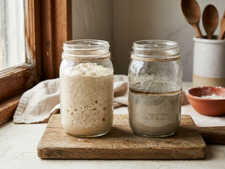 Two mason jars of sourdough starter side by side, one thick and bubbly, the other thin, watery, and separated