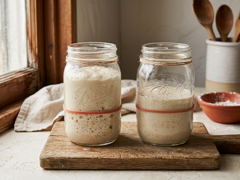 Two mason jars of sourdough starter side by side, one active and risen high, the other flat and inactive