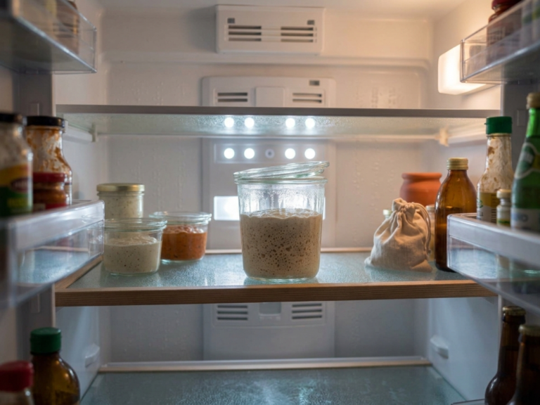 Looking into an open refrigerator at a bubbly sourdough starter jar among condiments and small jars